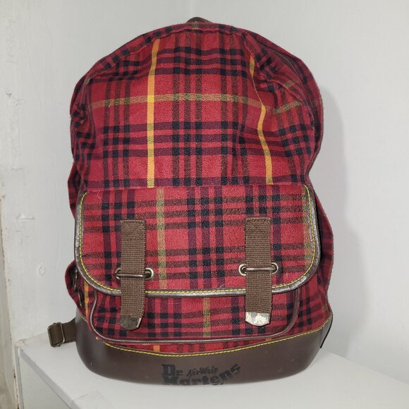 DR MARTENS Air Wair Red Tartan Plaid Backpack Brown Vegan Leather Outside Pocket